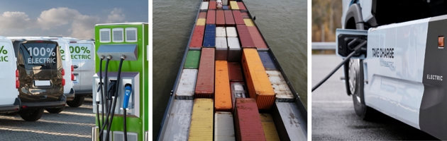 Collagebeeld van een e-bestelbus, schip en e-truck